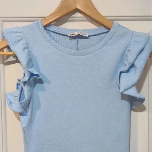 ZARA | Women's Light Blue Ruffled Sleeve Mini Dress Size Small - Picture 3 of 4